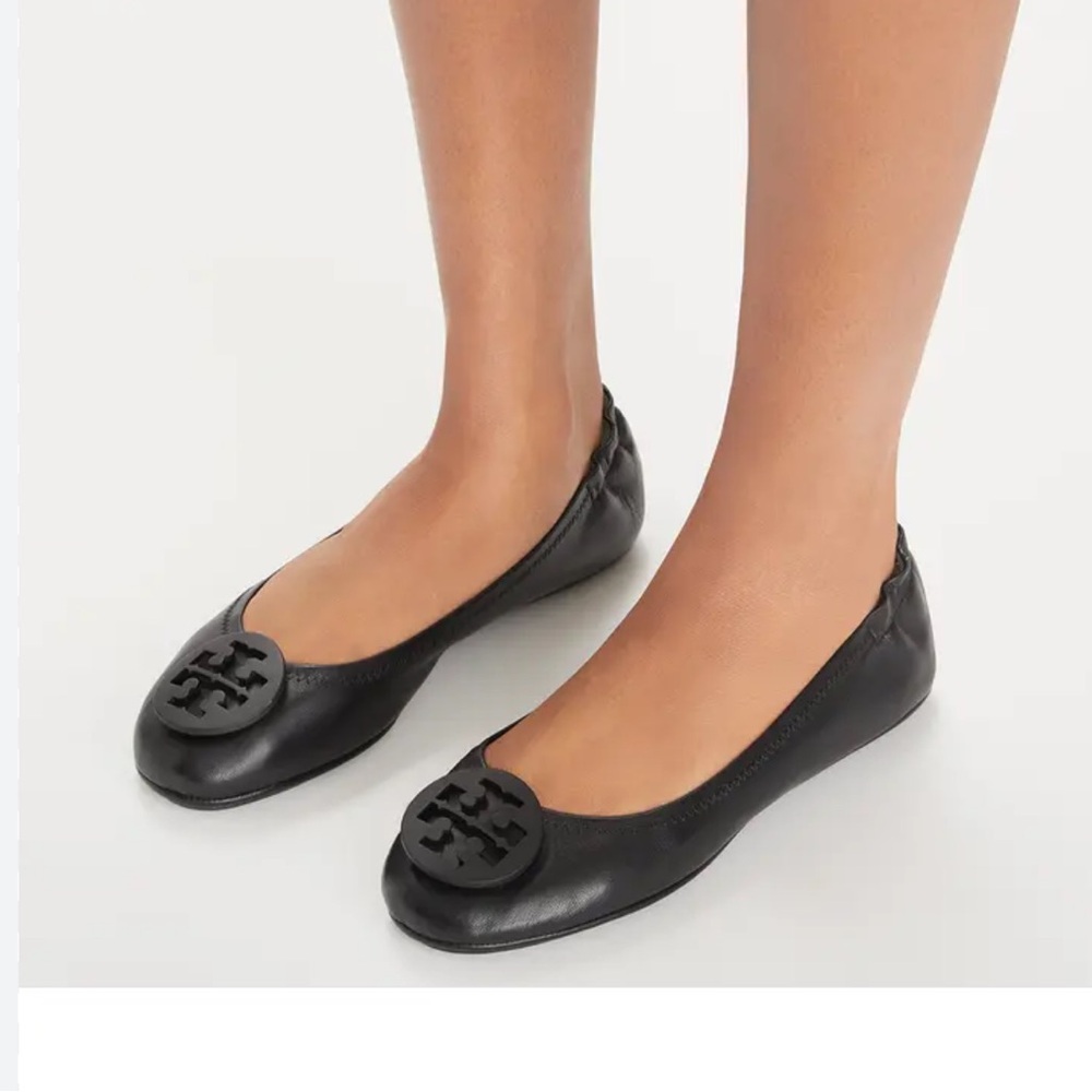 Tory Burch Minnie Travel Ballet Flat, Black Leather Logo Round-Toe Ballet Flats